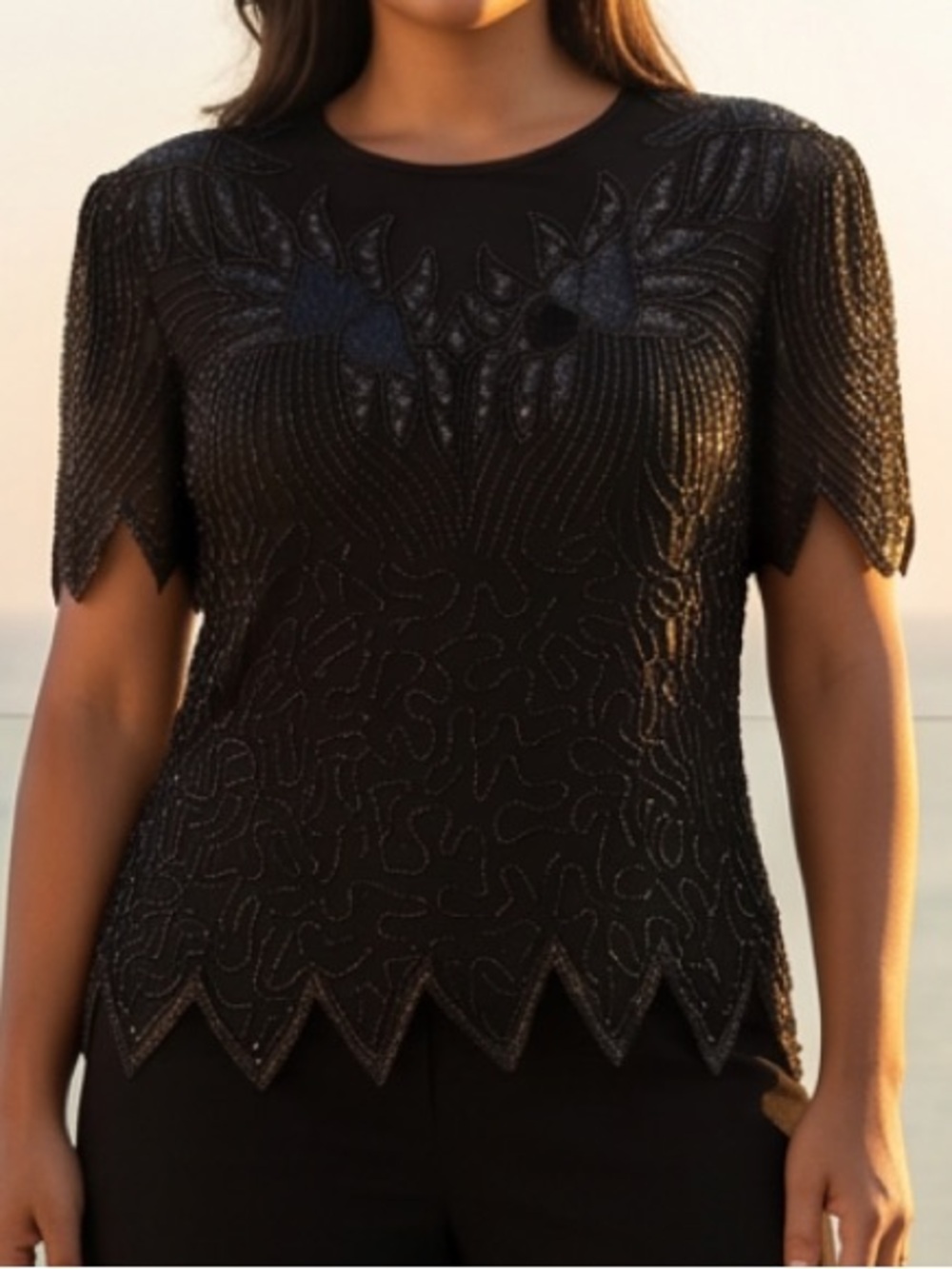 Elegant Vintage Denise Elle Black FormalShort Sleeve Beaded Evening Top